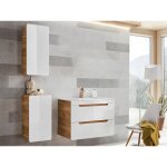 Meuble de salle de bain suspendu avec vasque  encastrer et deux colonnes - 80 cm - coloris naturel et ...