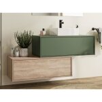 Meuble de salle de bain suspendu vert et naturel clair avec simple vasque carre et deux tiroirs - 94 ...