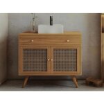 Meuble de salle de bain en teck clair et cannage avec vasque en cramique - 90 cm - mansulan