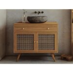 Meuble de salle de bain en teck clair et cannage avec vasque en pierre - 90 cm - mansulan Meuble de salle de bain en teck clair et cannage avec vasque en pierre - 90 cm - mansulan