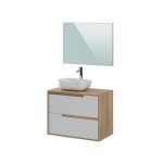 Meuble salle de bain avec vasque + miroir - 2 tiroirs - dcor chne et banc - l 80 x p 46 x h 75 cm - ...
