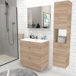 Meuble sous - vasque marbella 80 cm + vasque + miroir + colonne / d�cor ch�ne blanchi