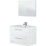 Meuble sous vasque de salle de bain suspendu 80 cm avec 2 tiroirs + miroir - hauteur 57 x longueur 80 ...