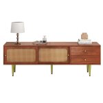 Meuble tv 160cm rangement pour salon avec 2 portes coulissantes en rotin et 2 tiroirs utilitaires pieds ...
