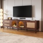 Okwish meuble tv moderne 180�40�50 cm - 2 tiroirs en rotin - 2 portes vitr�es - led - bois - marron