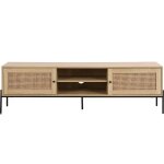 Meuble tv 2 portes en cannage naturel et effet ch�ne 160 cm - iris