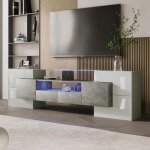 Meuble tv 200cm pour salon banc tv led en bois avec 6 portes 2 tiroirs et 2 �tag�res ouvertes gris