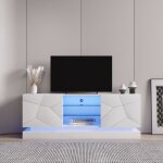 Meuble tv - blanc brillant - �tag�re en verre r�glable - charni�res silencieuses - capacit� 70 pouces ...