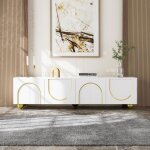 Meuble tv - meuble tv blanc - ouverture par pression - rangement - pieds rondes dores