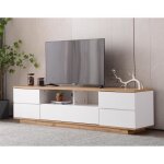 Meuble tv en bois 180 cm - 4 portes avec Étagères et placards de rangement - blanc et chêne - style moderne ... Meuble tv en bois 180 cm - 4 portes avec Étagères et placards de rangement - blanc et chêne - style moderne ...