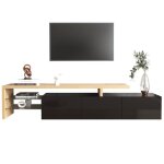 Meuble tv bois avec espace de rangement spacieux étagères en verre et éclairage led - naturel et noir ... Meuble tv bois avec espace de rangement spacieux étagères en verre et éclairage led - naturel et noir ...