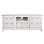 Meuble tv en bois de manguier coloris blanc vieilli - longueur 151 x profondeur 40 x hauteur 60 cm Meuble tv en bois de manguier coloris blanc vieilli - longueur 151 x profondeur 40 x hauteur 60 cm