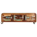 Meuble tv en bois de rcupration massif - vingvo - 120 x 30 x 37 cm - 3 portes - 4 roulettes
