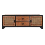 Meuble tv en bois de sapin coloris marron fonc et mtal noir - longueur 150 x profondeur 40 x hauteur ...