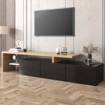 Meuble tv combin 200 cm style moderne avec 3 portes et 2 compartiments en verre banc tv led pour chambre ...