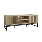 Meuble tv dcor bois rainur et mtal 2 portes 120cm lisbonne