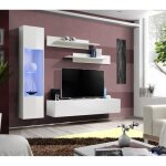 Composition murale fly g3 ? blanc brillant ? meuble tv suspendu avec colonne vitr�e led et �tag�res ? ...