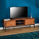 Meuble tv selma l 145 cm en bois massif brun fonc� au style industriel design vintage avec 2 portes coulissant ...