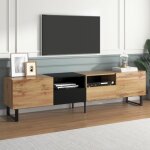 Meuble tv industriel 190 cm pour salon banc tv led en bois avec 2 portes 2 tiroirs et 2 �tag�res ouvertes ...