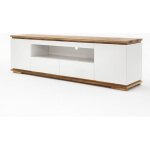 Meuble tv charly blanc mat 2 tiroirs 2 portes 1 niche socle plateau ch�ne massif