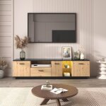 Meuble tv led - meuble tv industriel - 180x40x45cm - avec clairage led multicolore - avec tiroir - avec ...