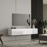 Meuble tv makika - blanc brillant - 160 x 32 x 30 cm - 3 compartiments - 4 crochets