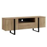 Meuble tv en m�lamine et m�tal coloris ch�ne - noir - longueur 160 x profondeur 40 x hauteur 55 cm