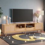 Meuble tv - misnode - design en rotin et bois massif - 200�37�49 cm - 2 tiroirs - vintage