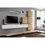 Meuble tv mural - price factory - switch ix - blanc brillant et ch�ne wotan - 6 portes - 310x40x200 cm ...
