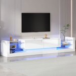 Meuble tv brillant 1813838cm - okwish - clairage led - faade en verre - 2 tiroirs rabattables - blanc ...