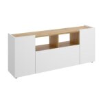 Meuble tv en panneaux de particules m�lamin�s coloris ch�ne - blanc - longueur 141. 7 x profondeur 34. ...