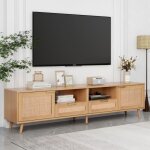 Meuble tv 200 cm en rotin style campagnard banc tv en bois 2 portes 2 tiroirs 2 compartiments pour salon ...