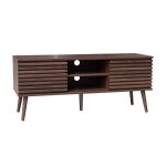 Meuble tv scandinave avec 2 portes d�cor bois noyer rainur� et 1 niche centrale avec �tag�re l120cm