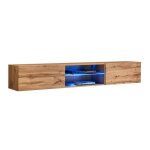 Meuble tv suspendu 180cm avec 2 portes et niches �clair�es. meuble coloris ch�ne wotan. collection switch. ...