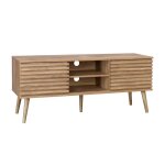 Meuble tv scandinave avec 2 portes décor bois rainuré et 1 niche centrale avec étagère Meuble tv scandinave avec 2 portes décor bois rainuré et 1 niche centrale avec étagère
