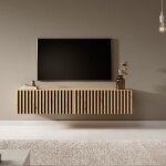Meuble tv - telire - 140 cm en ch�ne artisan avec fa�ade frais�e et inserts noirs