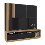 Meuble tv xl avec fond mural d�coratif collection clara. couleur ch�ne et noir mat.