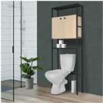 Etagère pont wc bois et métal noir - avec rangement fermé - 180x66cm Etagère pont wc bois et métal noir - avec rangement fermé - 180x66cm
