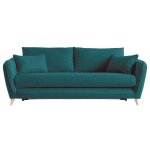 Miliboo - canap� convertible scandinave 3 places en tissu bleu paon et bois clair avec matelas 10 cm ...