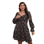 Mini robe trap�ze pour femme col plongeant motif floral manches longues tenue de soir�e printemps automne ...