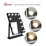 Miroir cosm�tique rotatif carr� huole avec 12 ampoules led bordure noire 30 x 40 cm r�glage tactile