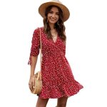 Mobigarlan robe sur - pliss�e femmes � imprim� bretelles pour v�tements vacances - rouge fbc56