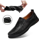 Mocassins homme en cuir vritable noir - semelle plate souple et confortable
