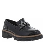 Mocassins noir vernis à semelle chunky avec talon à décroché moyen et logo Mocassins noir vernis à semelle chunky avec talon à décroché moyen et logo