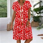 Mode d�t� femmes d�contract� l�che manches courtes col rond imprim� marguerite robe grande taille rouge ...