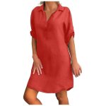 Mode femmes grande taille en lin de coton solide col rabattu robe chemise ample rose vif