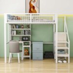 Modernluxe lit mezzanine 90x200 cm avec bureau étagères escalier et armoire cadre en métal blanc + naturel ... Modernluxe lit mezzanine 90x200 cm avec bureau étagères escalier et armoire cadre en métal blanc + naturel ...