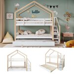 Lit superpos� - modernluxe - lit cabane enfant - 2x90x200 + gigogne 90x190 - bois pin / mdf - blanc / ...