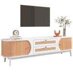 Modernluxe meuble tv 170x40x46cm garniture en bois massif et rotin deux tiroirs deux portes style scandinave ... Modernluxe meuble tv 170x40x46cm garniture en bois massif et rotin deux tiroirs deux portes style scandinave ...