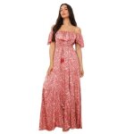 Robe longue � motif cachemire et col bardot �lastiqu� avec volants. dot�e de bretelles r�glables et de ...